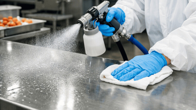 Operatore che sanifica superficie inox in ambiente alimentare con detergente e panno