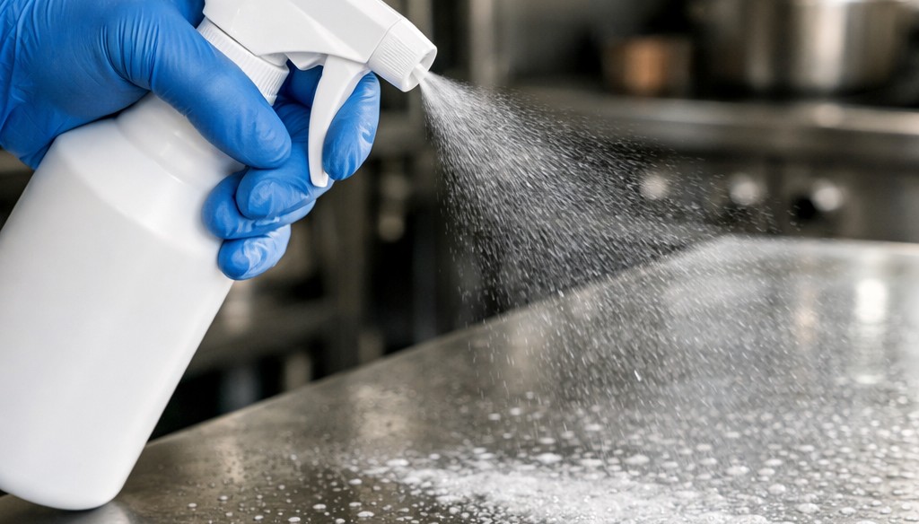 Operatore che spruzza detergente su superficie inox in ambiente alimentare professionale