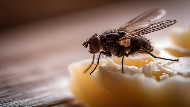 Mosca su alimento in cucina professionale, rischio contaminazione alimentare da insetti