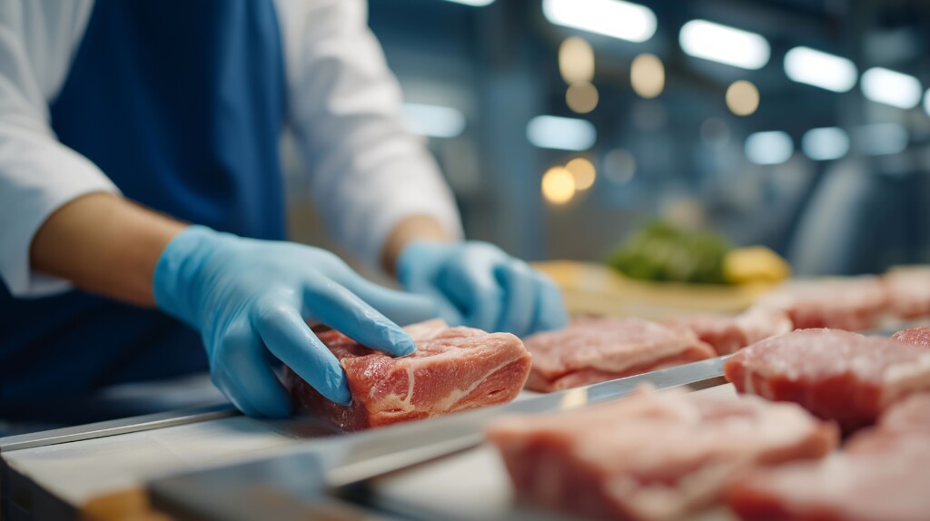 Operatore alimentare con guanti mentre lavora carne in cucina professionale, esempio di sicurezza alimentare HACCP