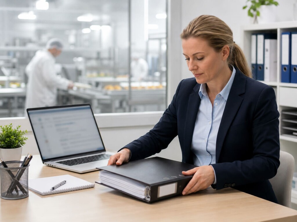 Responsabile qualità verifica la documentazione HACCP in ufficio con reparto alimentare sullo sfondo