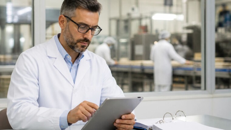 Responsabile qualità in azienda alimentare consulta la documentazione HACCP su tablet