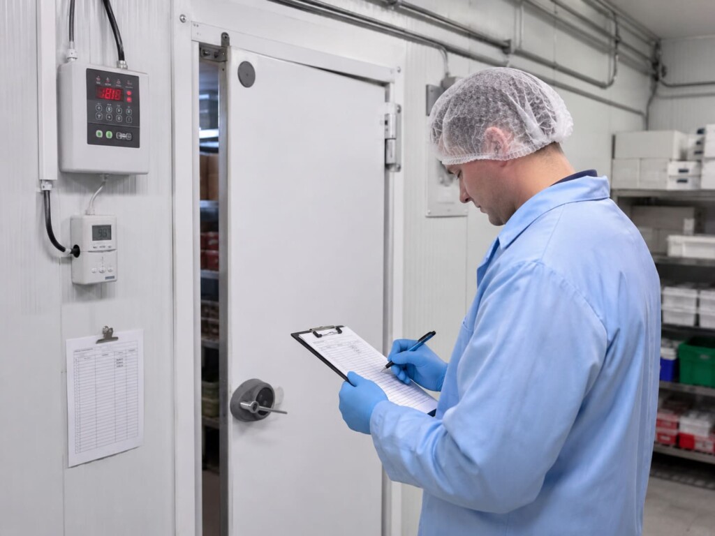 Operatore alimentare compila un registro di controllo temperature davanti a una cella frigorifera