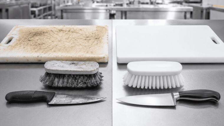 Confronto tra utensili usurati e utensili nuovi per il settore alimentare, con tagliere, spazzola e coltello professionale su piano inox.