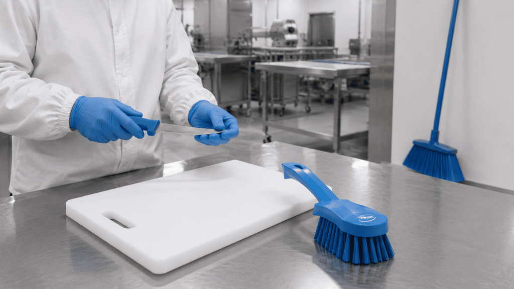 Operatore controlla coltello, spazzola e tagliere in laboratorio alimentare.