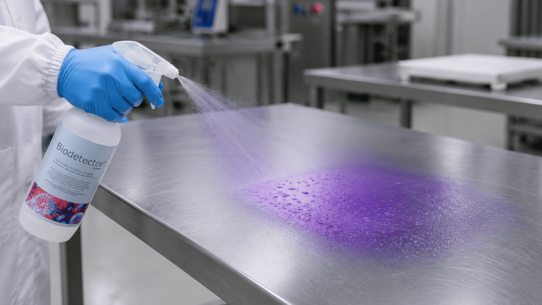 Operatore che utilizza BioDetector per rilevare il biofilm su un banco in acciaio inox in un laboratorio alimentare.