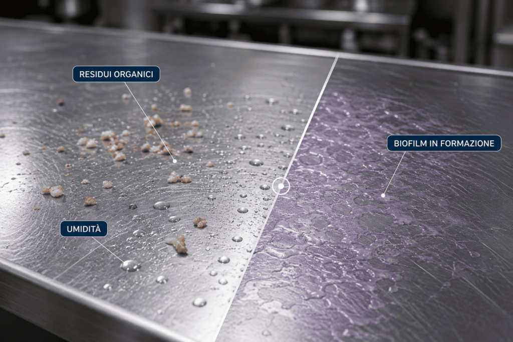 Pulizia di un banco inox con spazzola professionale per prevenire il biofilm.