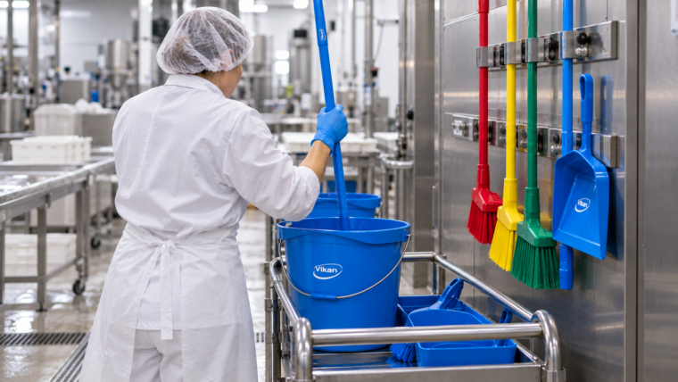 Operatore in uno stabilimento alimentare con strumenti di pulizia Vikan organizzati per colore su supporti a parete.